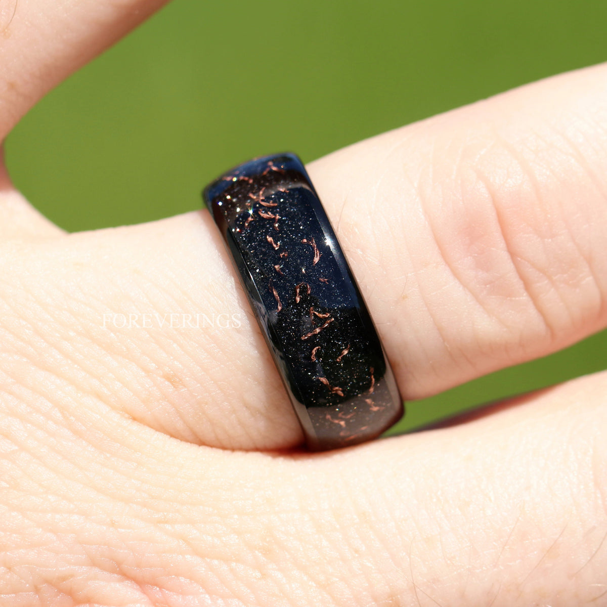 8mm Black Tungsten Ring, Black Dust Ring, Yellow Gold or Rose Gold Flake Ring, Men Wedding Band, Polished, Dome, Comfort Fit, Unique Ring
