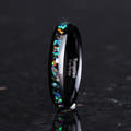 Women's 4mm black tungsten ring with meteorite and galaxy opal inlay, standing upright