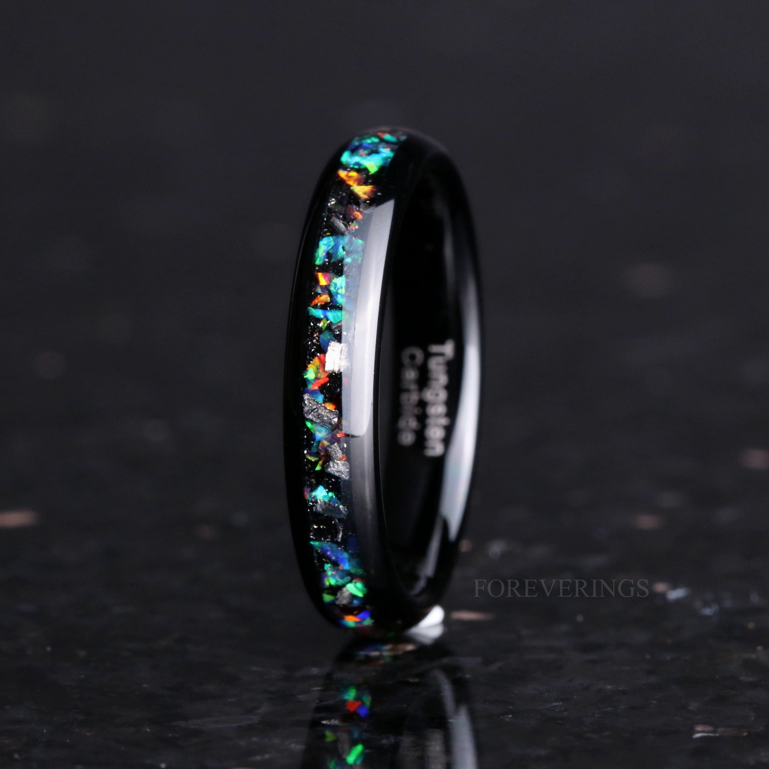 Meteorite and Galaxy Opal Ring Set, His and Hers Tungsten Wedding Bands, 6mm & 4mm Black Ring Set, Couples Ring, Polish, Dome, Comfort Fit