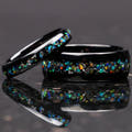 Matching polished black tungsten couples ring set with meteorite and galaxy opal inlay, 8mm and 4mm