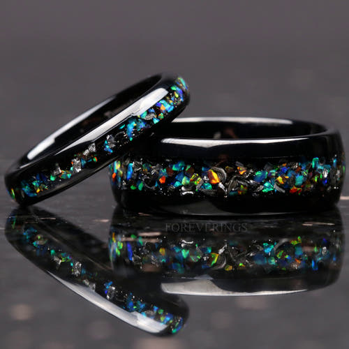 Matching polished black tungsten couples ring set with meteorite and galaxy opal inlay, 8mm and 4mm