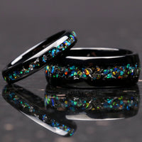Meteorite Opal Ring Set, His and Her Wedding Band, Authentic Meteorite Ring Set, Black Tungsten, Promise Ring for Couple, Galaxy Ring Set