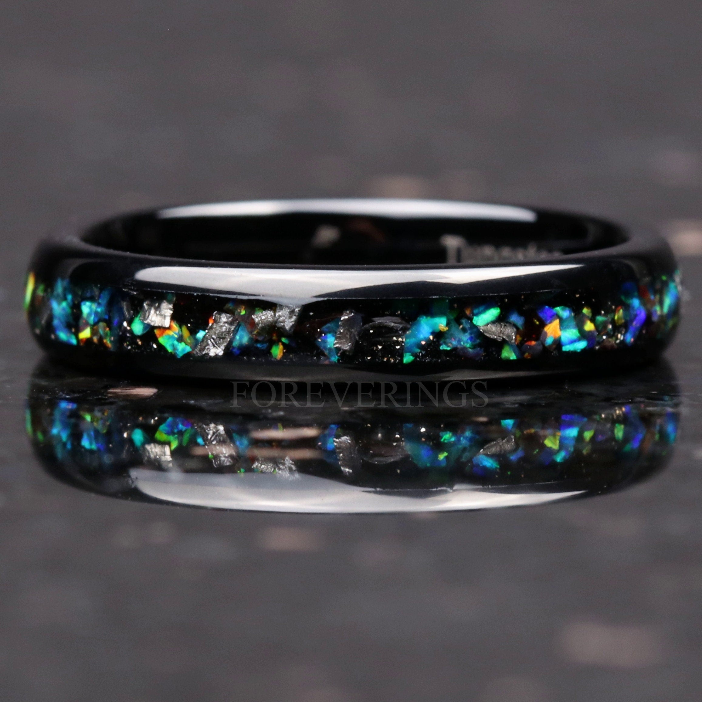 Meteorite Opal Ring, Galaxy Wedding Band, Authentic Meteorite Band, Dome, Polish, Black Tungsten Ring, Women Men, Fire Opal Ring, Engraving