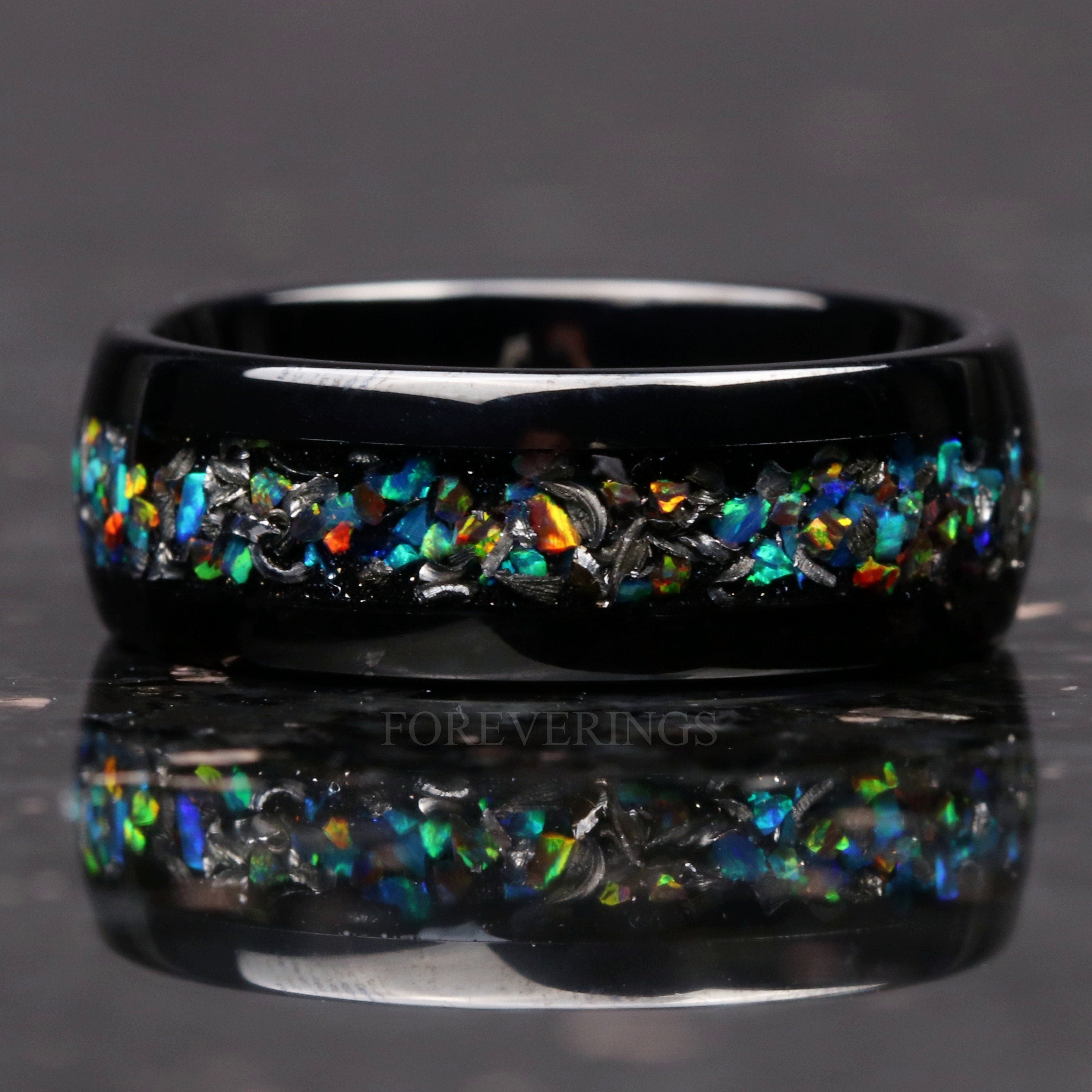 Mens Meteorite Galaxy Opal Ring, Black Tungsten Ring, 8mm 6mm Mens Wedding Band, Unique Meteorite and Opal Ring, Ring Engraving