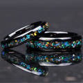 Matching black tungsten couples ring set with meteorite and galaxy opal inlay, 6mm and 4mm