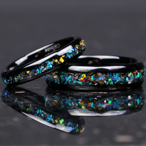 Matching black tungsten couples ring set with meteorite and galaxy opal inlay, 6mm and 4mm