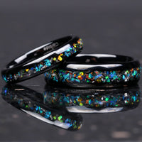Meteorite and Galaxy Opal Ring Set, His and Hers Tungsten Wedding Bands, 6mm & 4mm Black Ring Set, Couples Ring, Polish, Dome, Comfort Fit