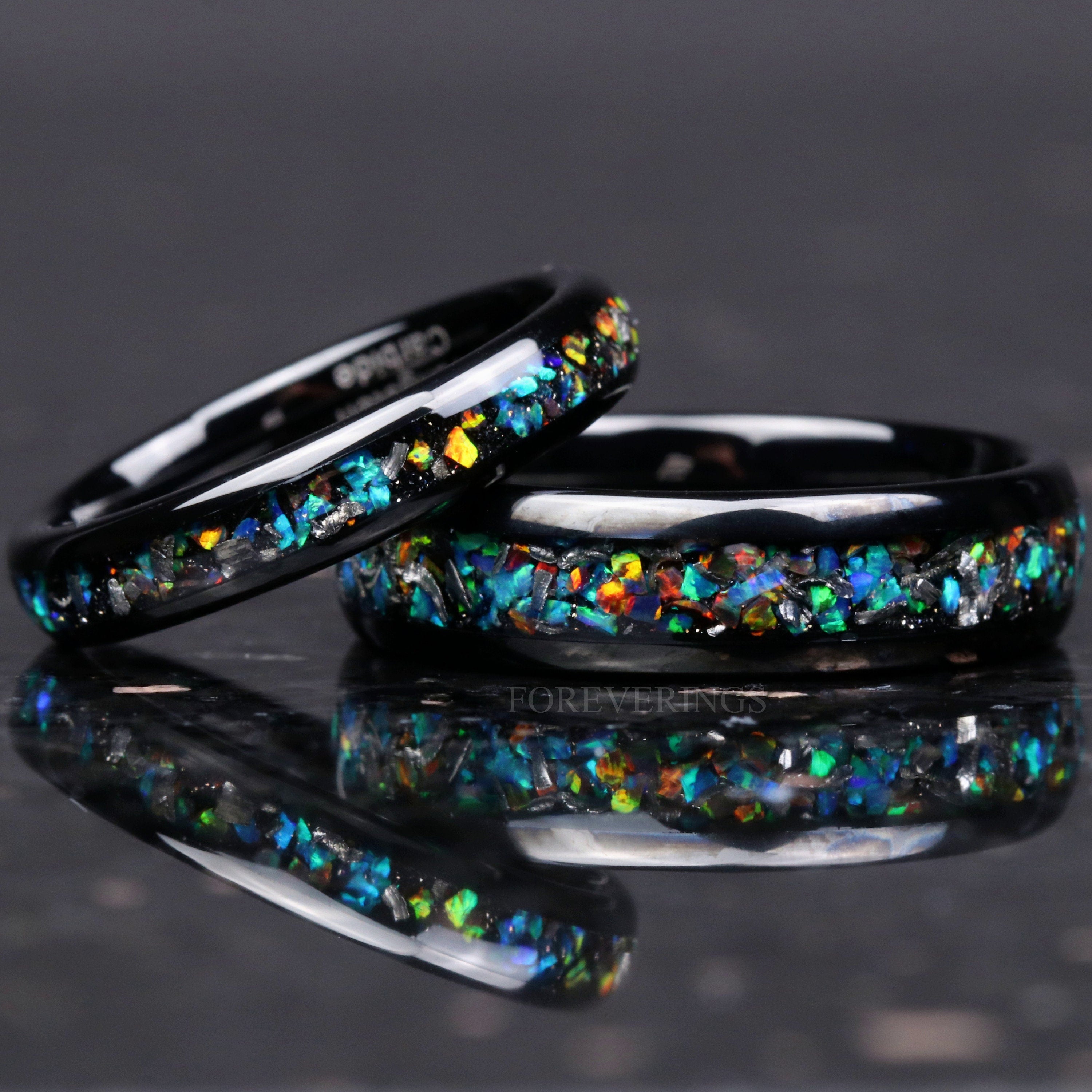 Meteorite and Galaxy Opal Ring Set, His and Hers Tungsten Wedding Bands, 6mm & 4mm Black Ring Set, Couples Ring, Polish, Dome, Comfort Fit