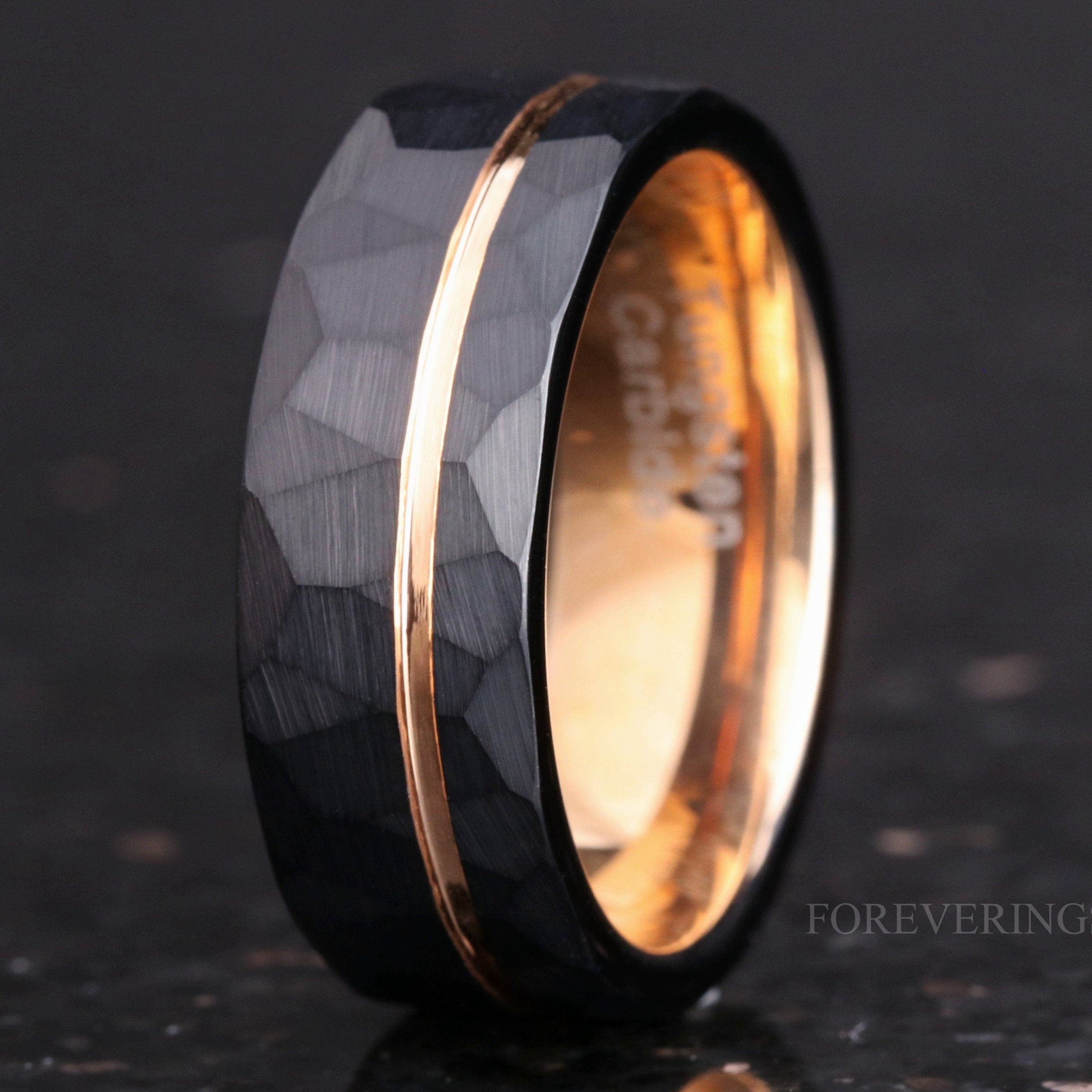 Matte Black Hammered Ring, Men Wedding Band, Rose Gold Tungsten Ring, Black and Rose Gold, Two Tone Band, Man Engagement Ring, Engraving