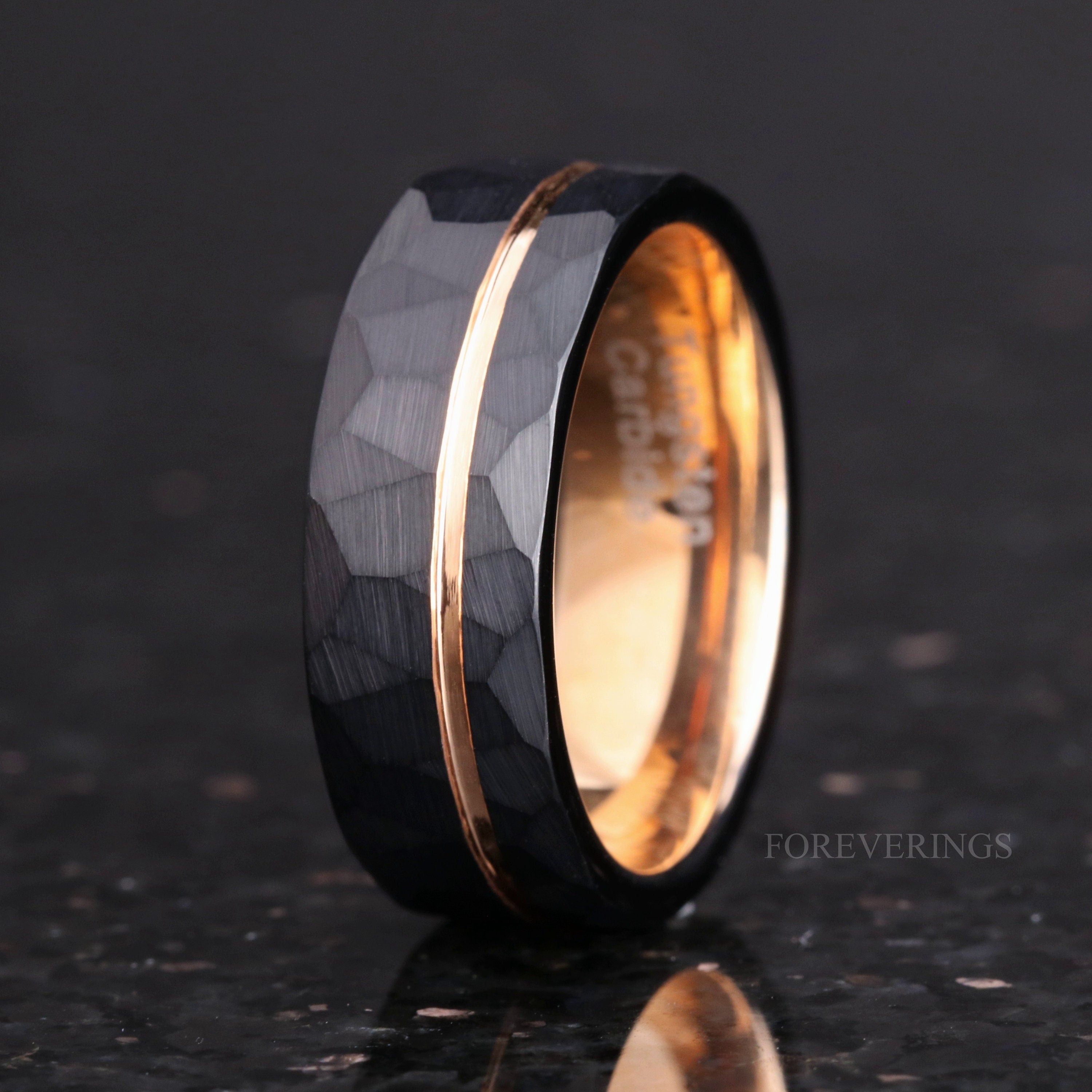 Matte Black Hammered Ring, Men Wedding Band, Rose Gold Tungsten Ring, Black and Rose Gold, Two Tone Band, Man Engagement Ring, Engraving