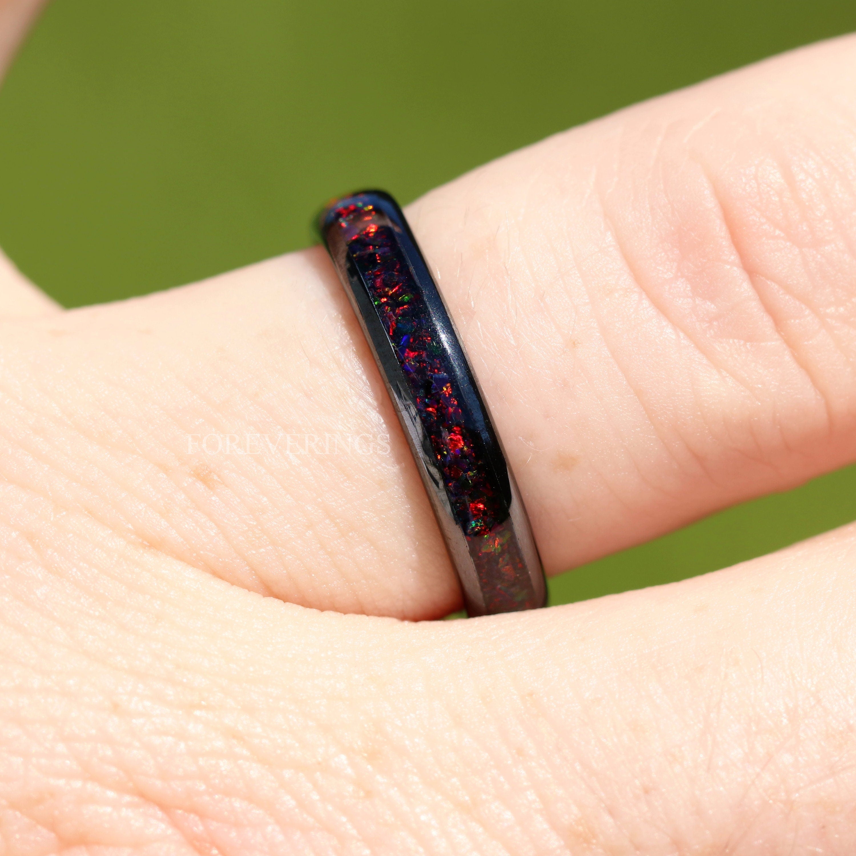 His Her Black Opal Ring Set, Ceramic Wedding Band Set, Black Fire Opal, Personalized Gift, Promise Ring Couples, Polish, Dome, Black Ring