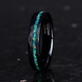 Women's 4mm hammered black tungsten ring with green opal inlay, standing upright