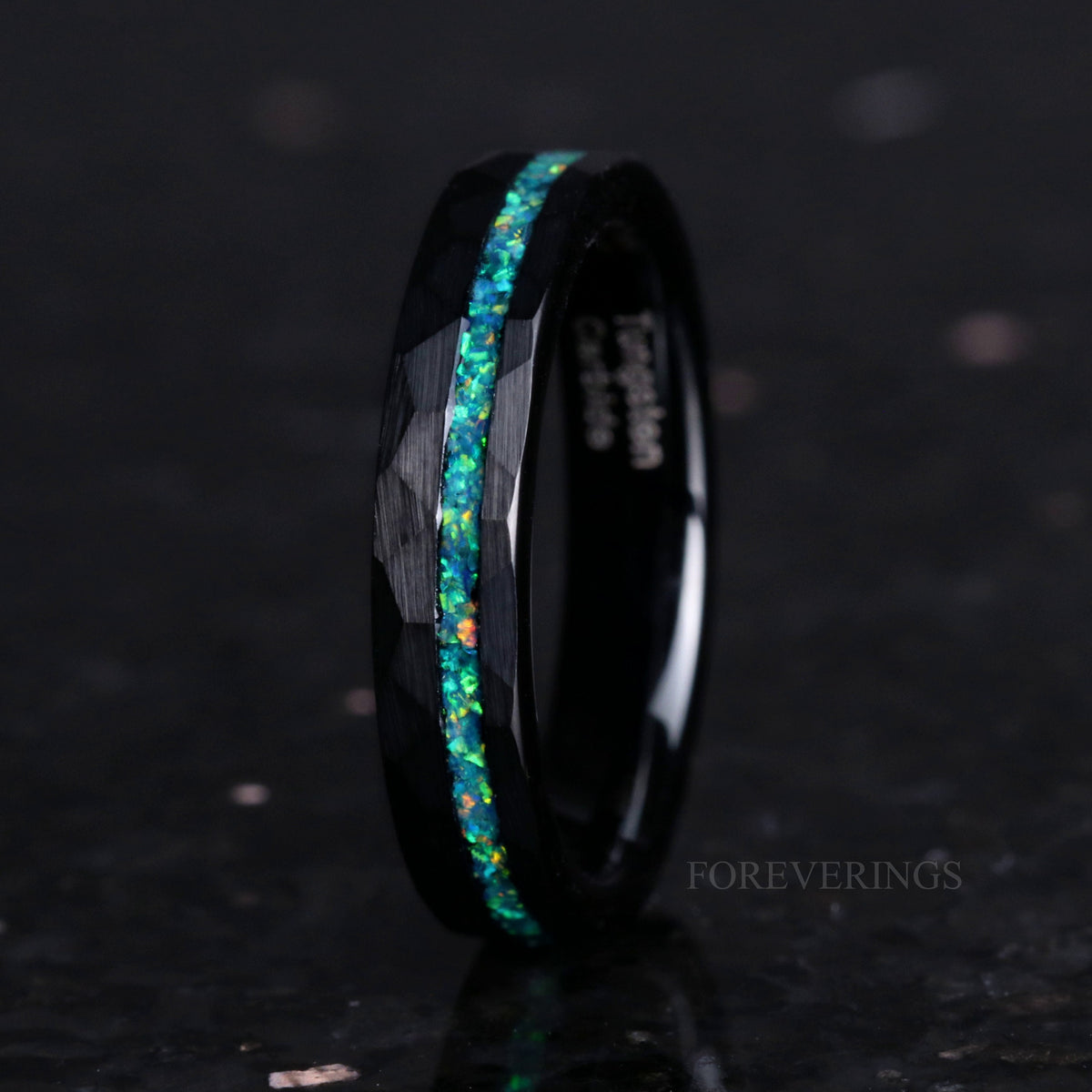 His and Hers Tungsten Wedding Band Set, Crushed Green Opal, 8mm & 4mm Black Tungsten Rings, Hammer, Flat, Matte Brushed, Comfort Fit