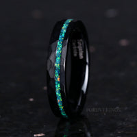 His and Hers Tungsten Wedding Band Set, Crushed Green Opal, 8mm & 4mm Black Tungsten Rings, Hammer, Flat, Matte Brushed, Comfort Fit