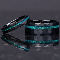 His and Hers Tungsten Wedding Band Set, Crushed Green Opal, 8mm & 4mm Black Tungsten Rings, Hammer, Flat, Matte Brushed, Comfort Fit