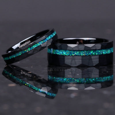 His and Hers Tungsten Wedding Band Set, Crushed Green Opal, 8mm & 4mm Black Tungsten Rings, Hammer, Flat, Matte Brushed, Comfort Fit