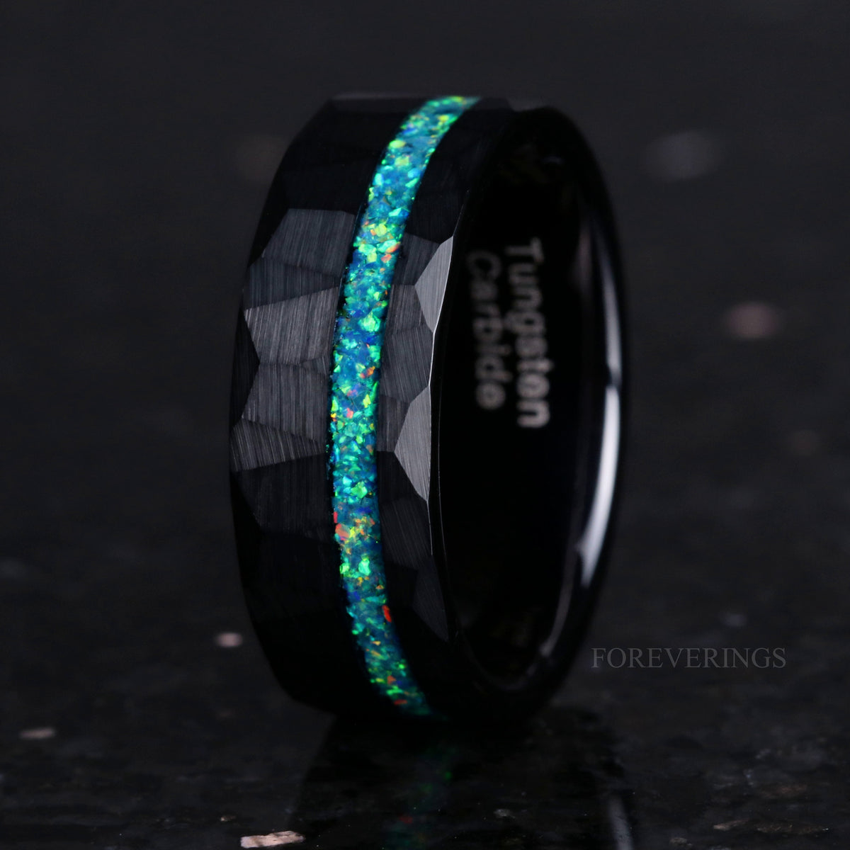 Crushed Green Opal Black Tungsten Ring | Mens Hammered Wedding Band