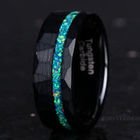 Crushed Green Opal Black Tungsten Ring | Mens Hammered Wedding Band