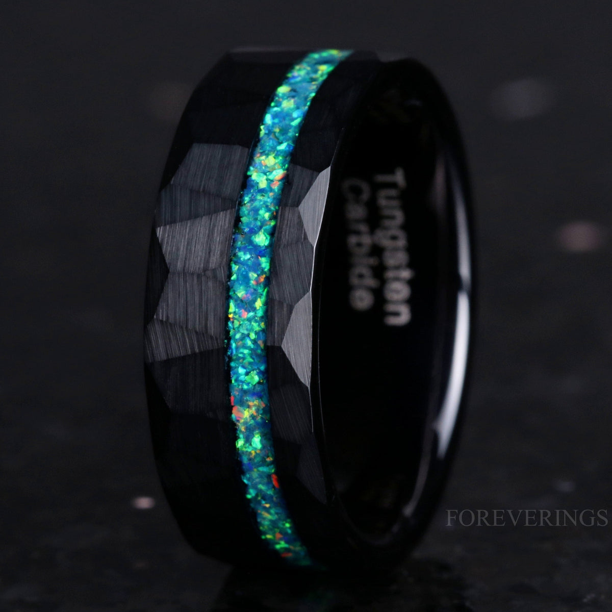 Crushed Green Opal Black Tungsten Ring | Mens Hammered Wedding Band