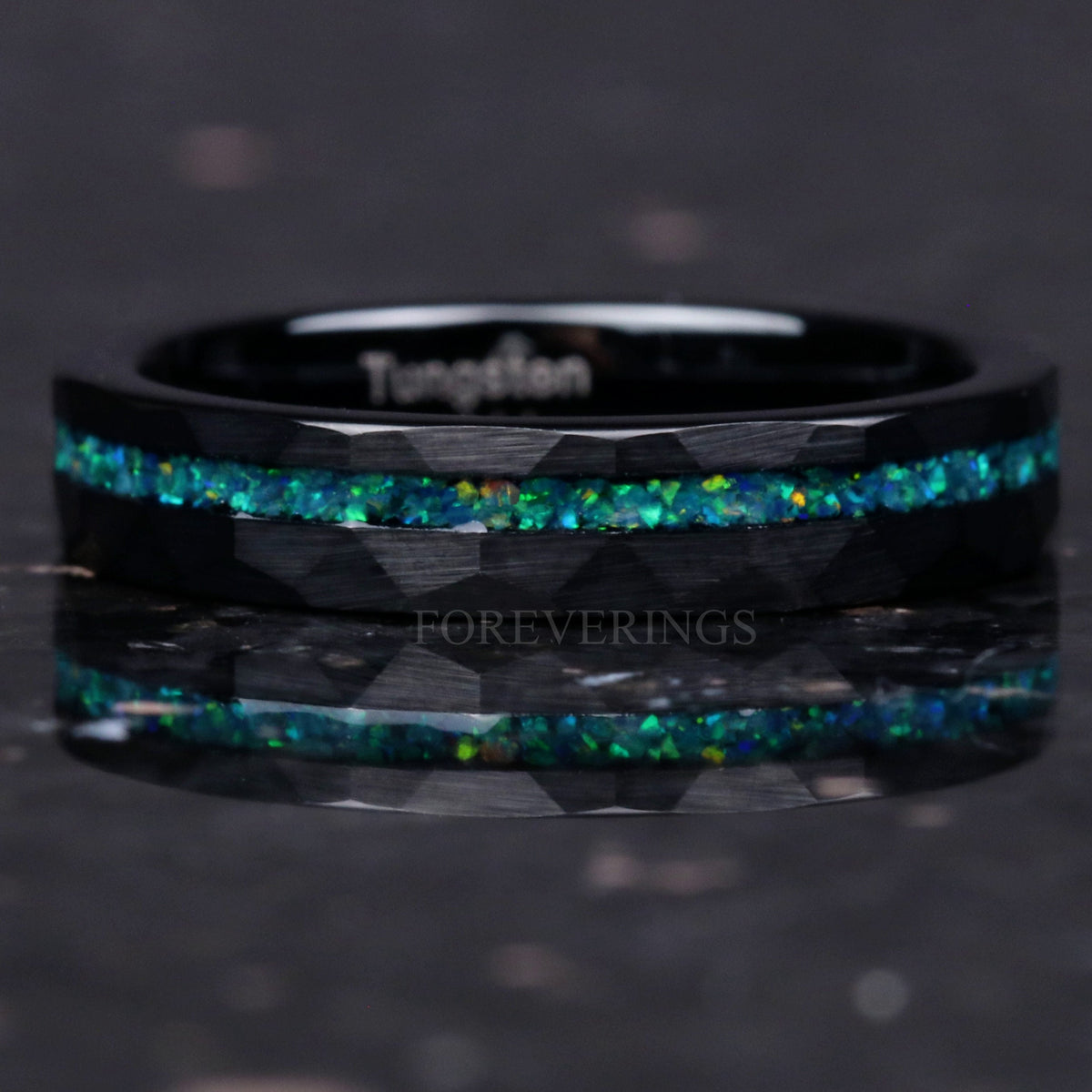 Green Opal Ring | Hammered Black Tungsten Wedding Band | 4mm
