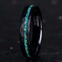 Green Opal Ring | Hammered Black Tungsten Wedding Band | 4mm