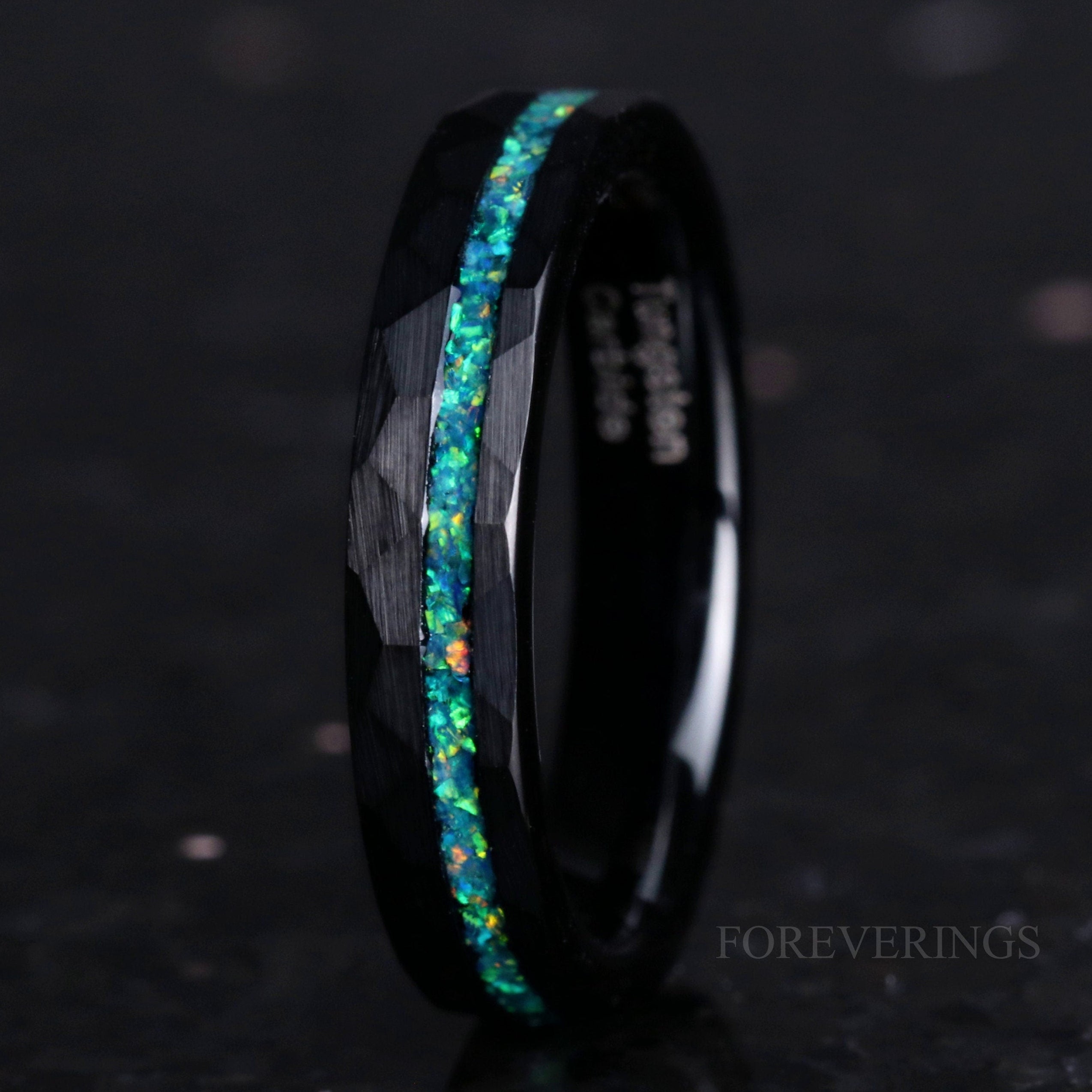 Tungsten Wedding Band, Crushed Green Opal Band, 4mm Black Tungsten Ring, Men Woman Ring, Hammered, Flat, Matte Brushed, Comfort Fit