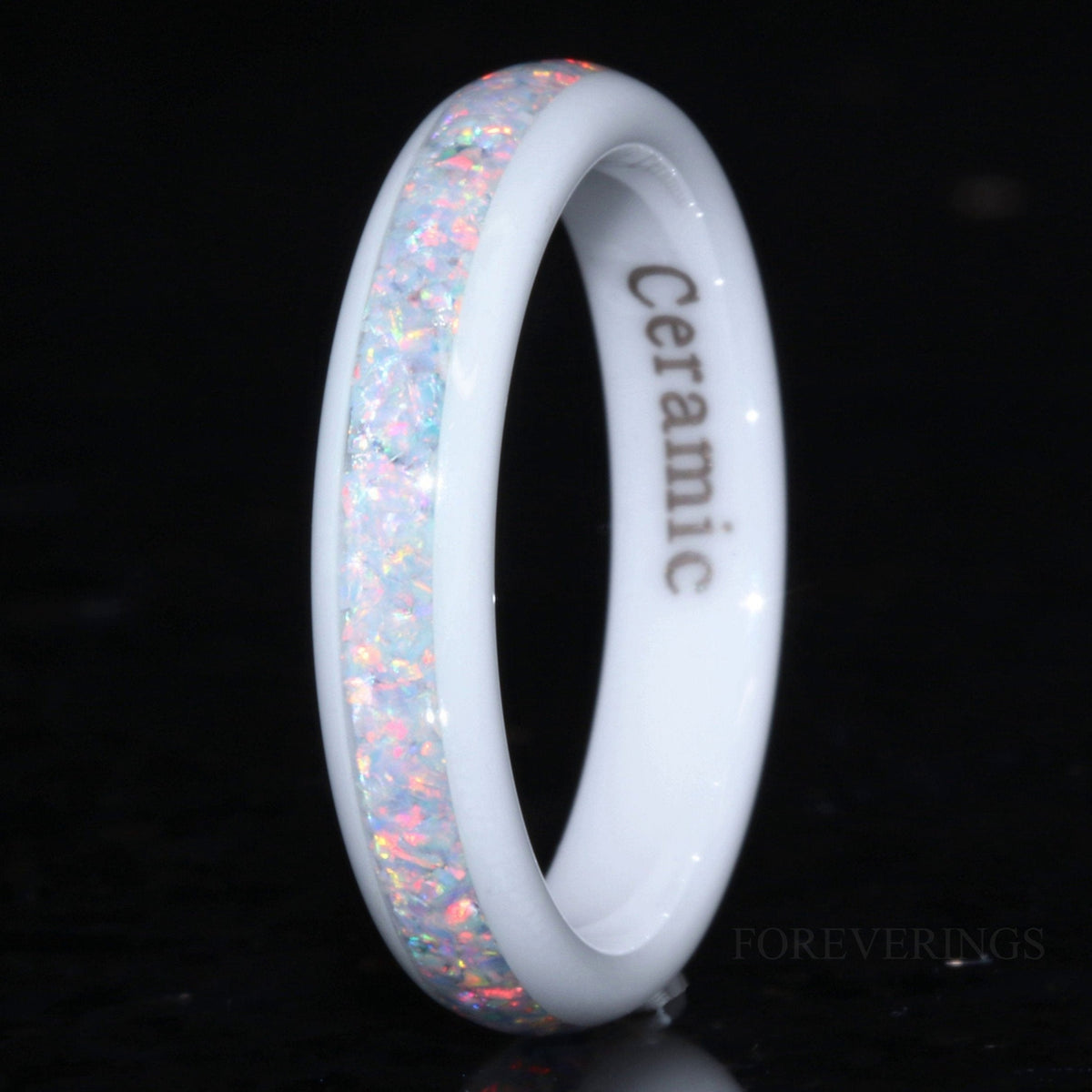 White Ceramic Wedding Band, Crushed White Fire Opal Band, 4mm Ring, Polished, Dome, Comfort Fit, Unique Ring, Men Women Ring