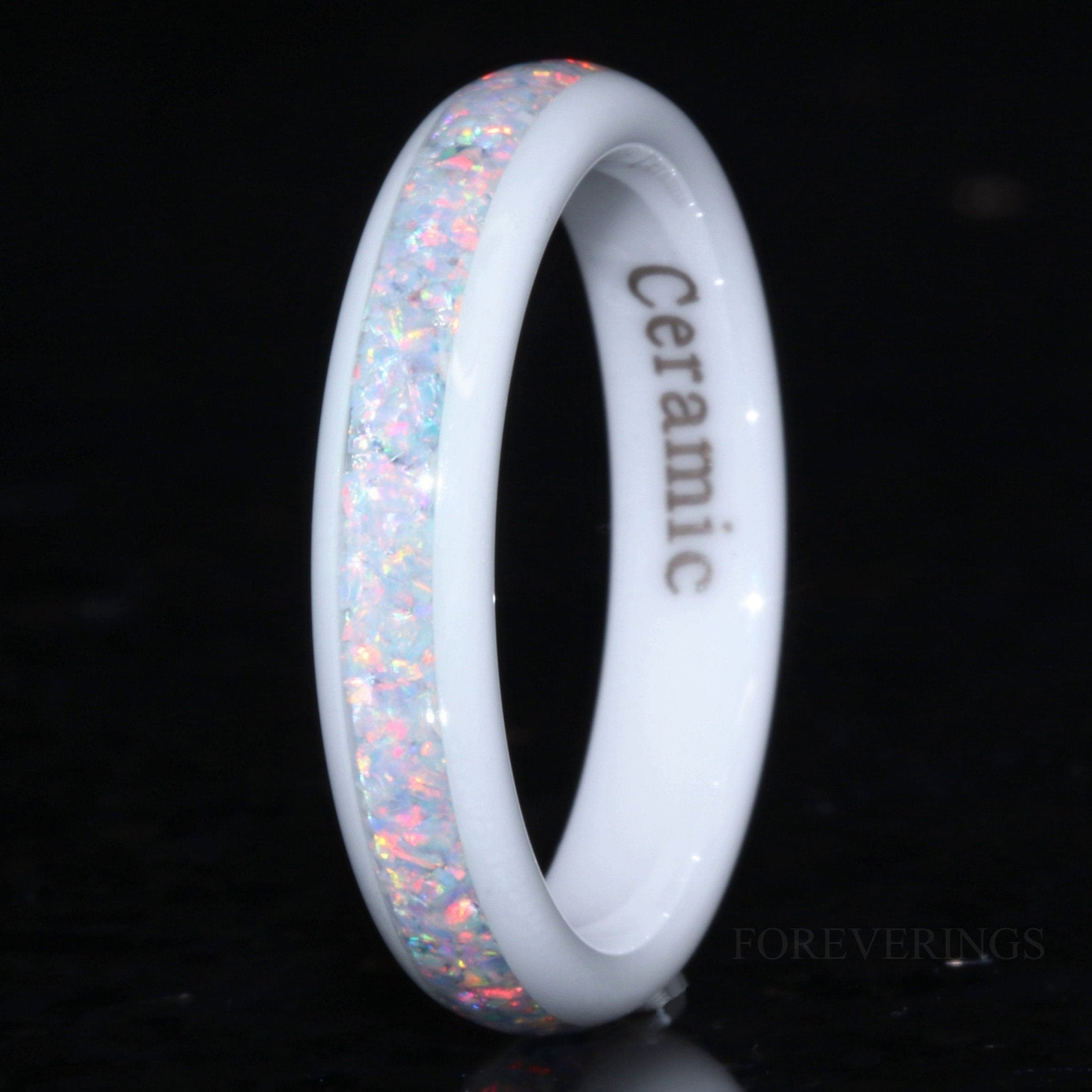 White Ceramic Wedding Band, Crushed White Fire Opal Band, 4mm Ring, Polished, Dome, Comfort Fit, Unique Ring, Men Women Ring