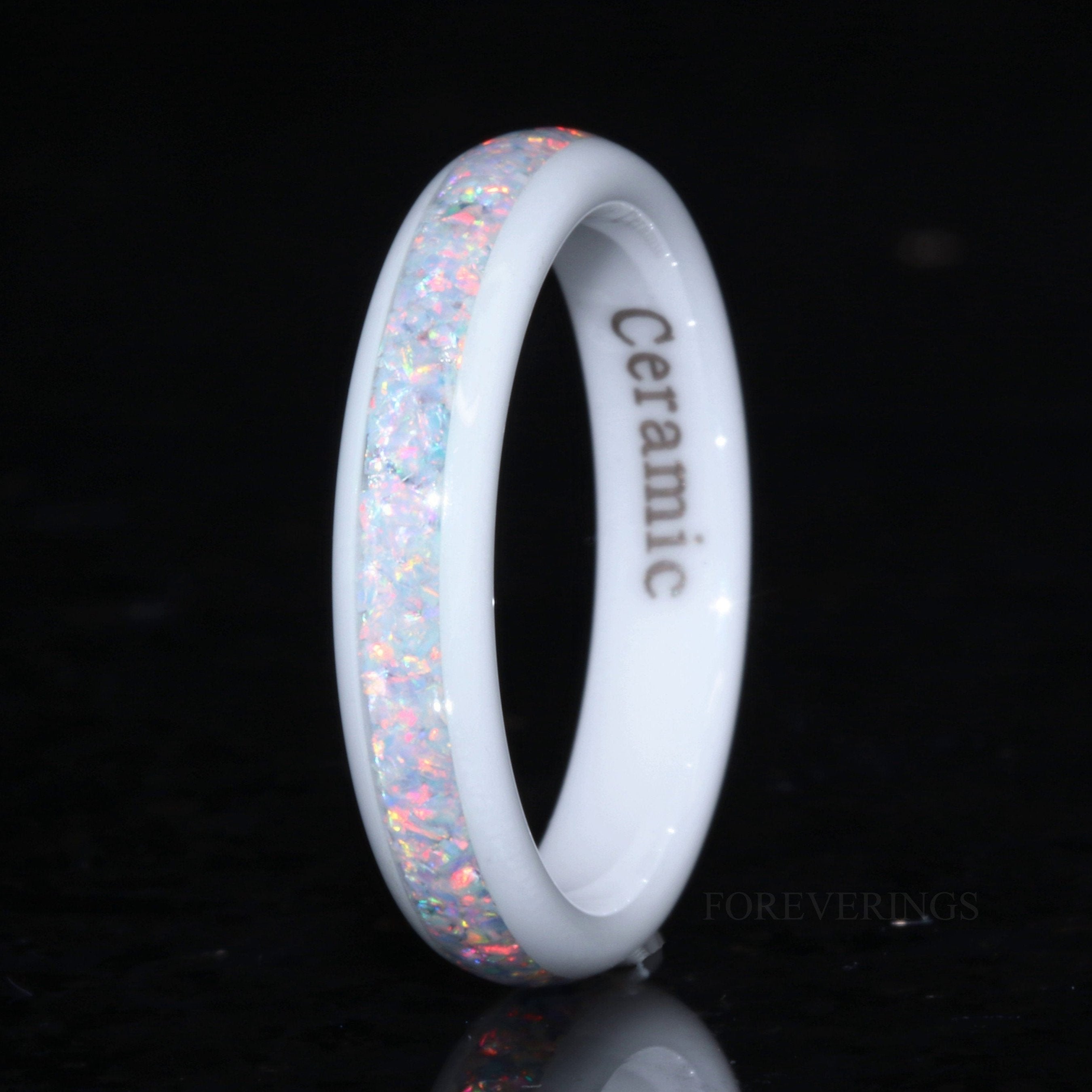 White Ceramic Wedding Band, Crushed White Fire Opal Band, 4mm Ring, Polished, Dome, Comfort Fit, Unique Ring, Men Women Ring