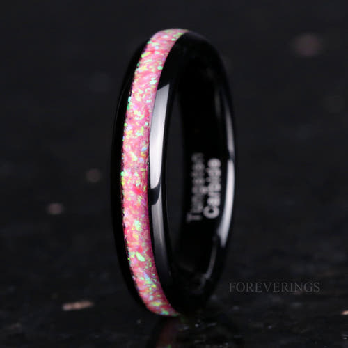 Women's 4mm black tungsten ring with pink fire opal inlay, polished dome