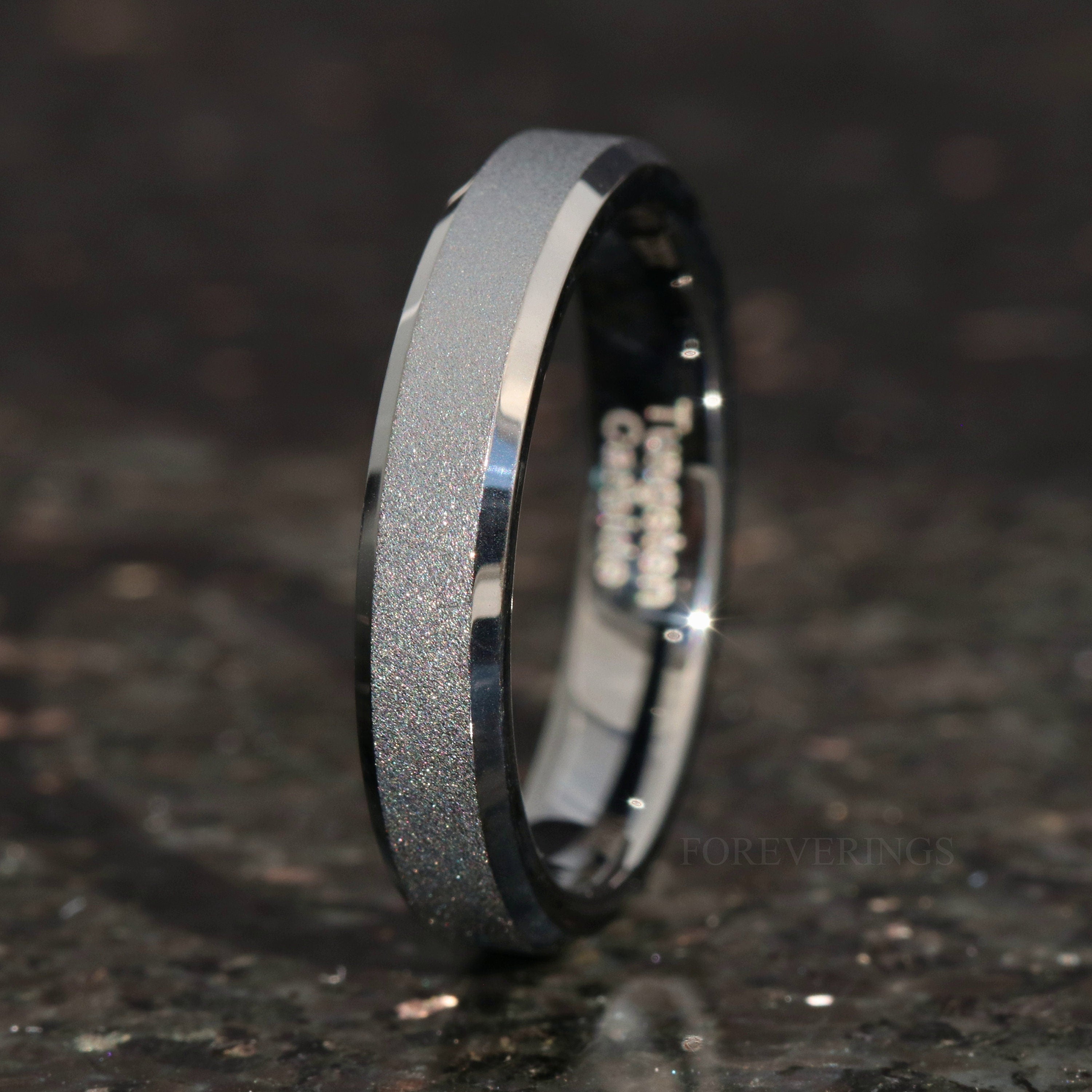 Sandblasted Black Tungsten Wedding Band, 4mm Men Women Ring, Promise Ring, Flat Beveled Ring, Ring Engraving