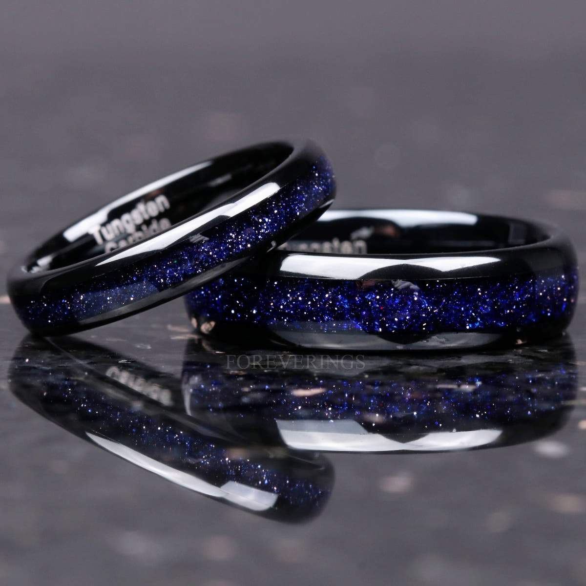 Matching black tungsten couples ring set with blue sandstone inlay, 6mm and 4mm
