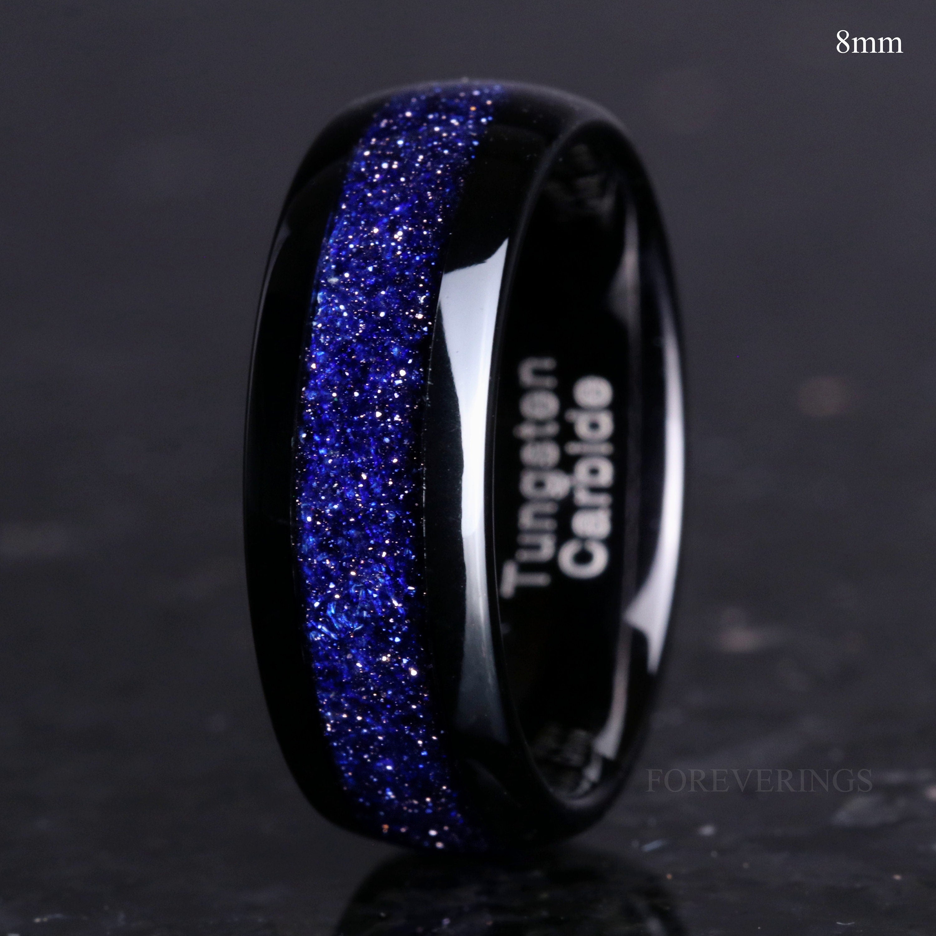 Great Rift Nebula Ring Set, His and Hers Tungsten Wedding Band, 8mm & 6mm Black Ring, Outer Space Couples Ring, Polish, Dome, Blue Sandstone