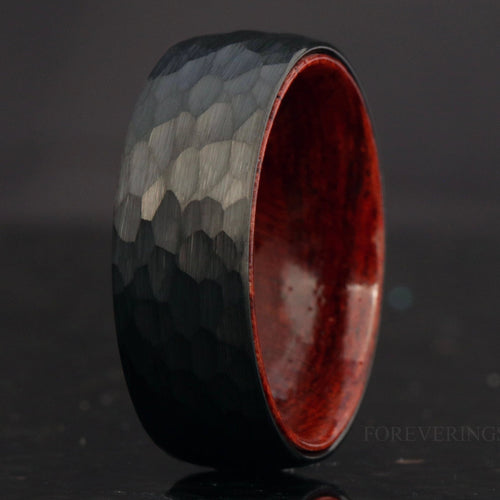 Men's 8mm hammered black tungsten wedding band with rosewood interior