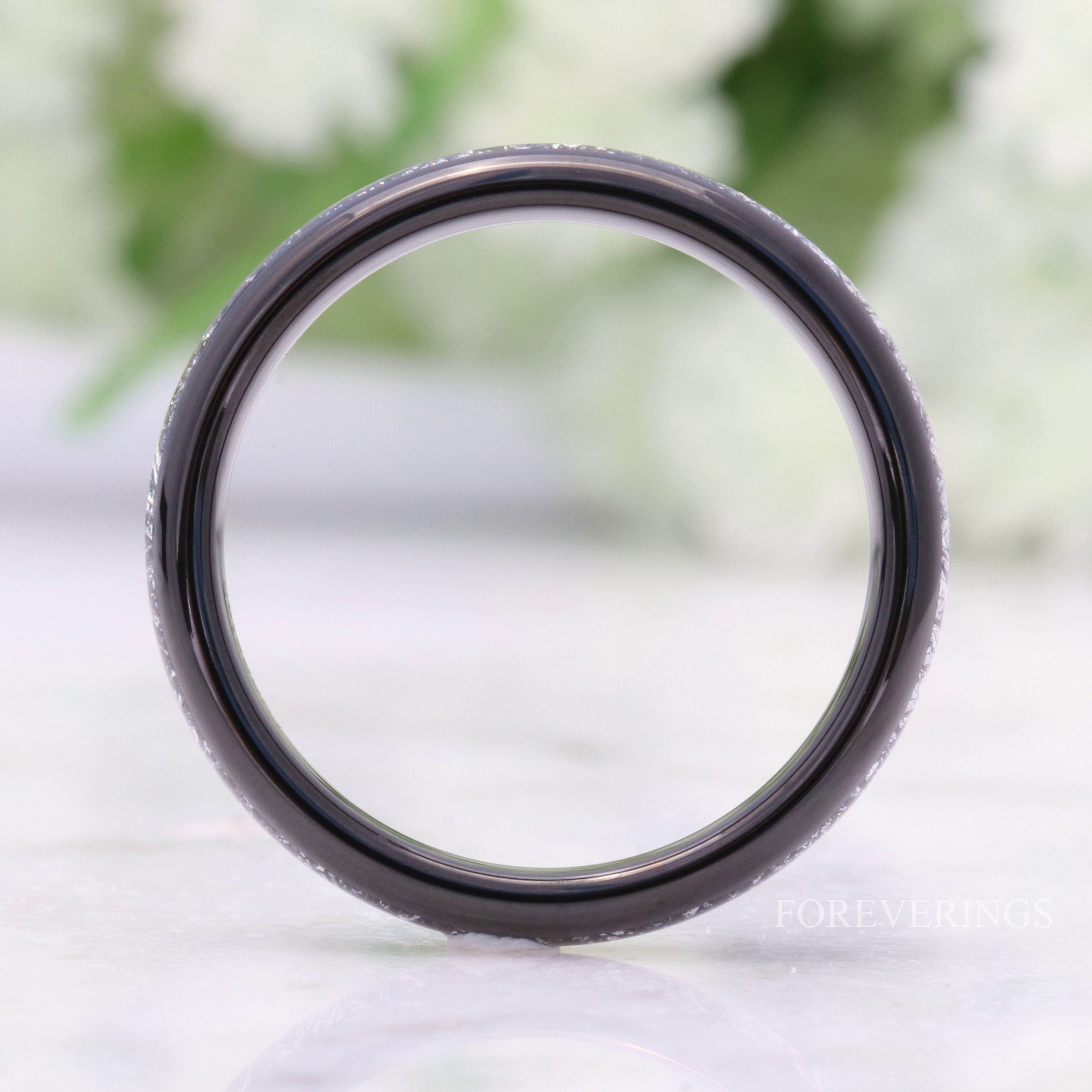 Tungsten Wedding Band, White Meteorite, 4mm Black Tungsten Ring, Women Men Band, Comfort Fit, Polished, Domed, Birthday Anniversary Gift