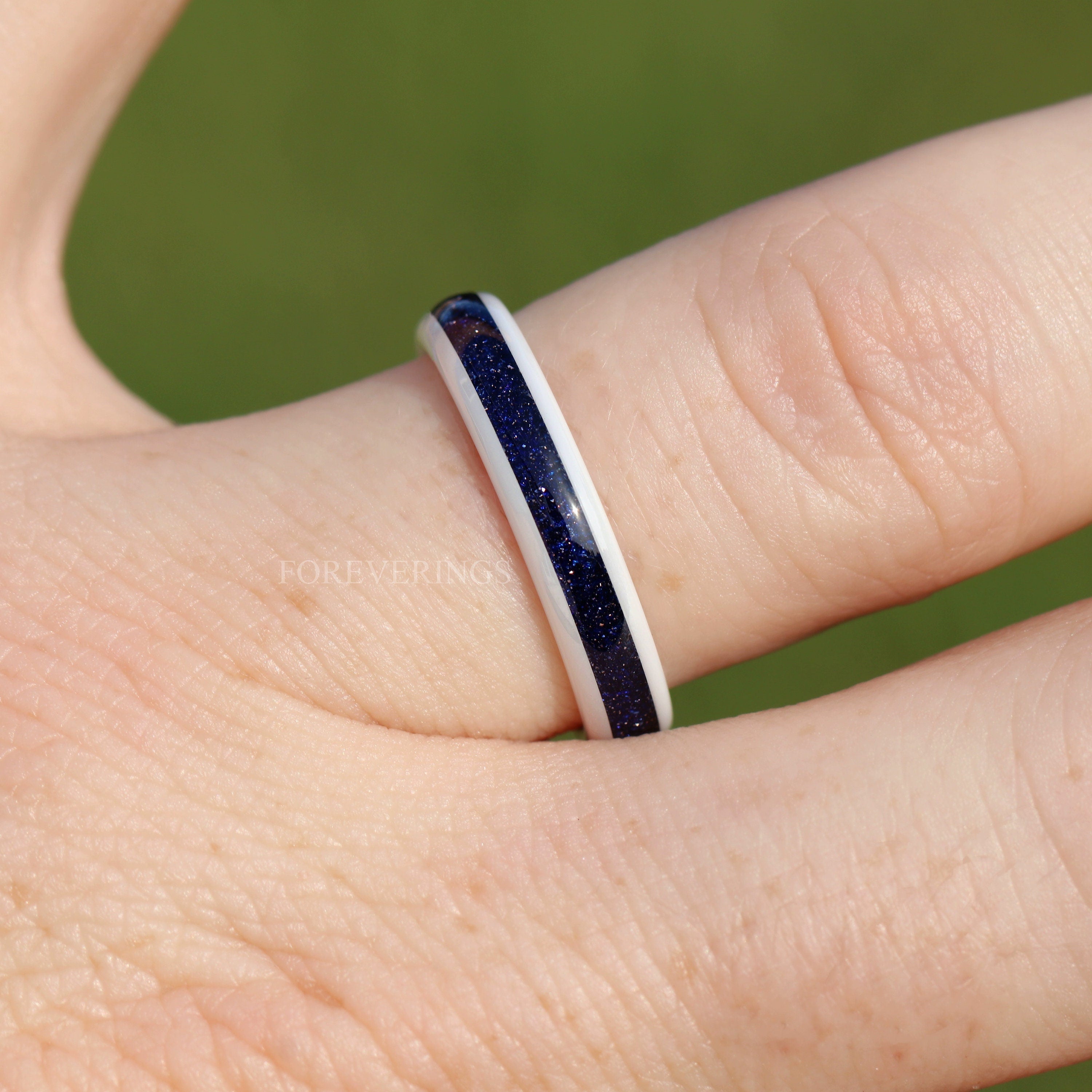 Great Rift Nebula Blue Sandstone Ring, White Ceramic Wedding Band, Outer Space Ring, Dome, Polish, Comfort Fit, Unique 4mm Wedding Ring