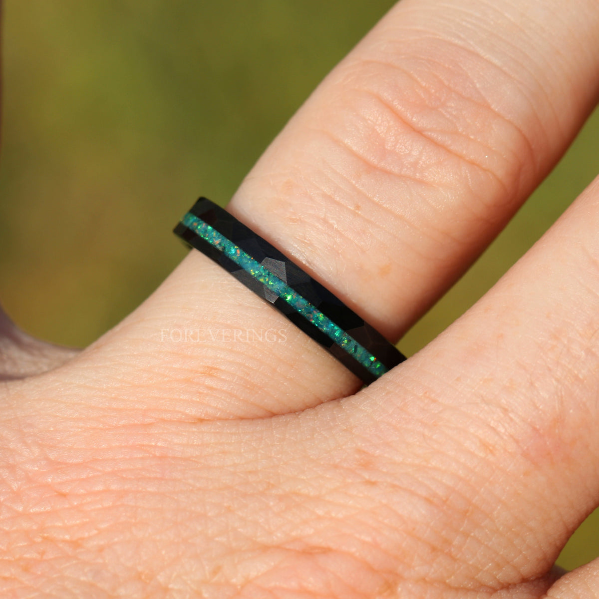Green Opal Ring | Hammered Black Tungsten Wedding Band | 4mm