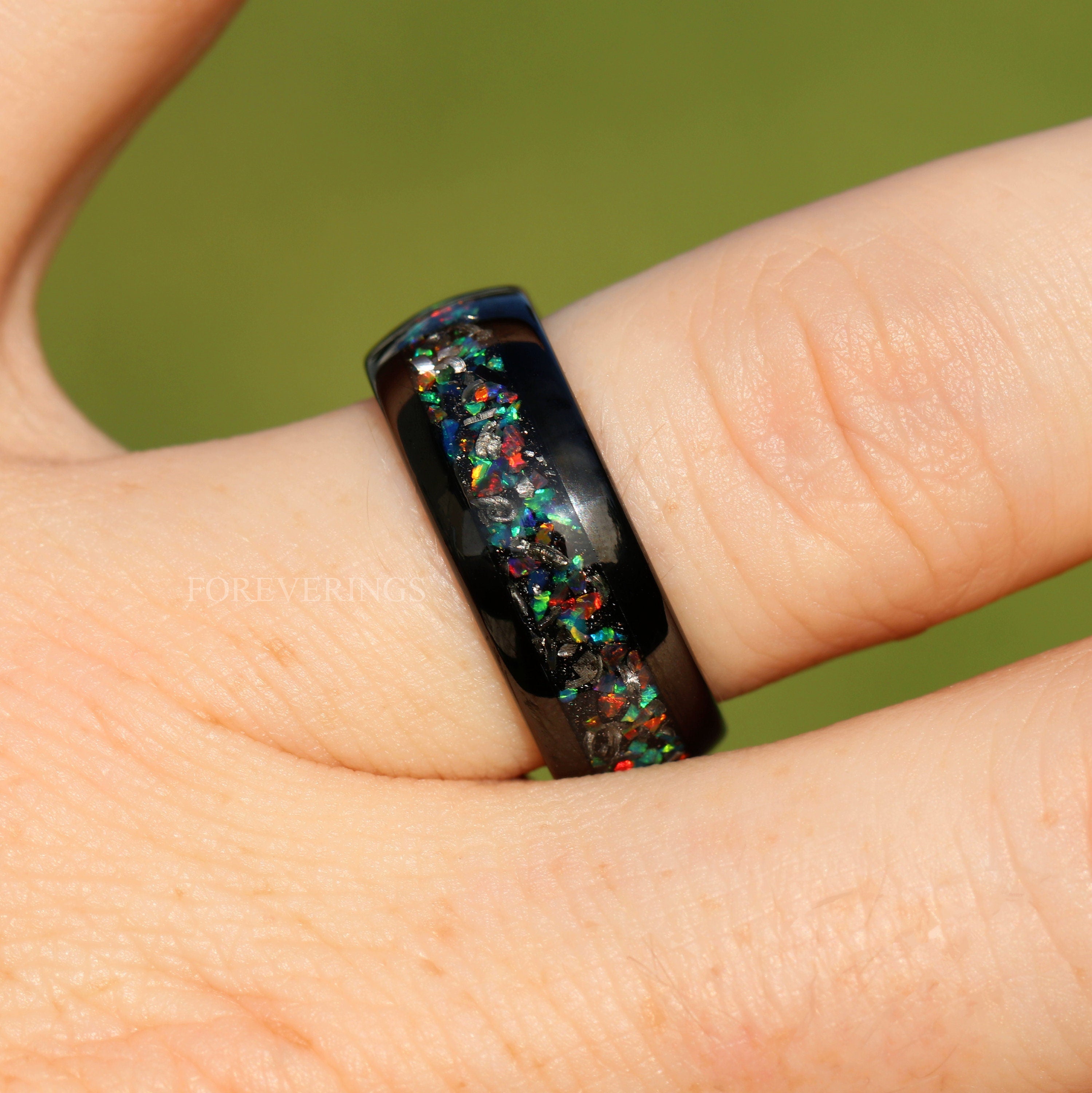 Mens Meteorite Galaxy Opal Ring, Black Tungsten Ring, 8mm 6mm Mens Wedding Band, Unique Meteorite and Opal Ring, Ring Engraving