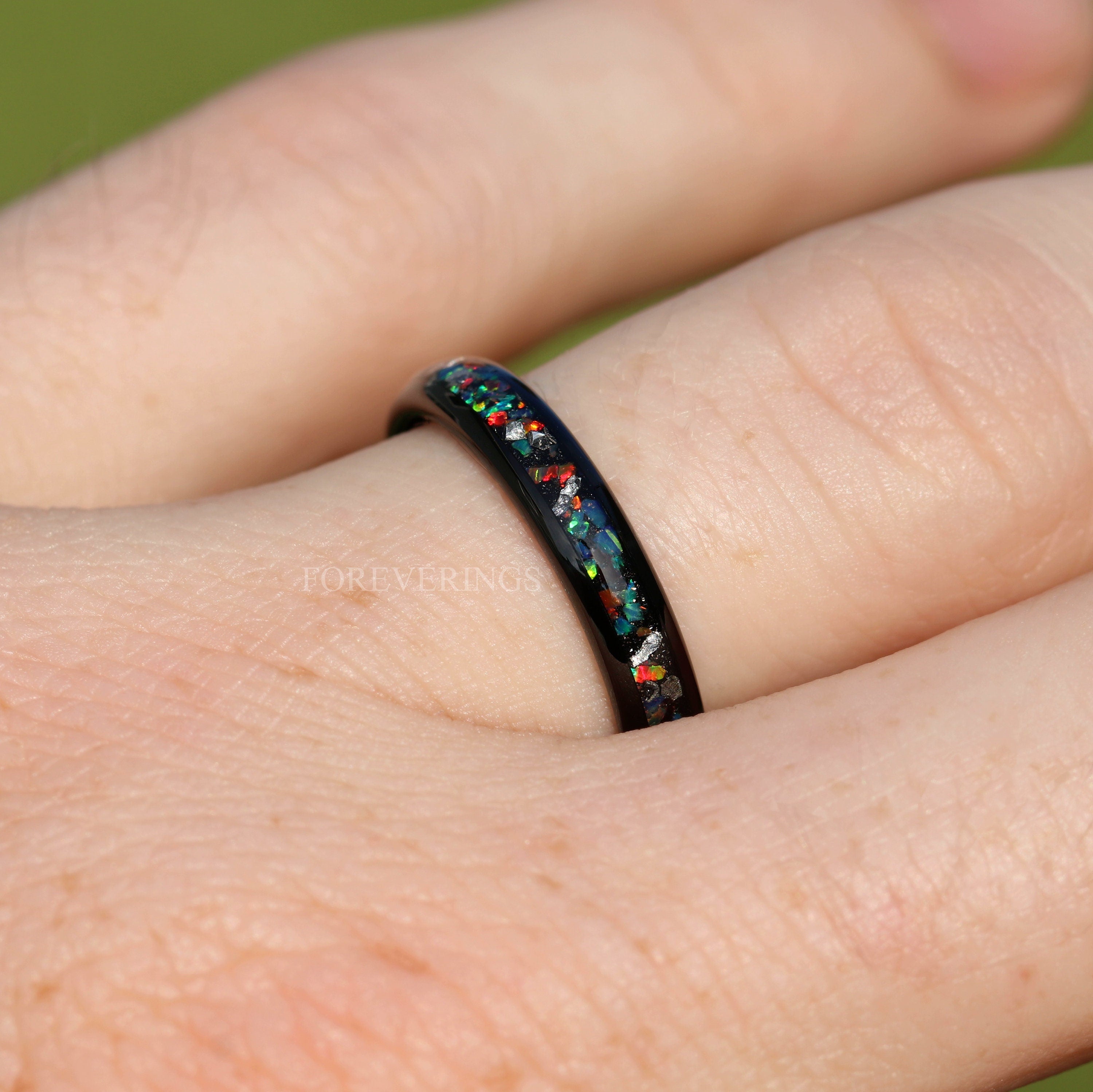 Meteorite Opal Ring, Galaxy Wedding Band, Authentic Meteorite Band, Dome, Polish, Black Tungsten Ring, Women Men, Fire Opal Ring, Engraving