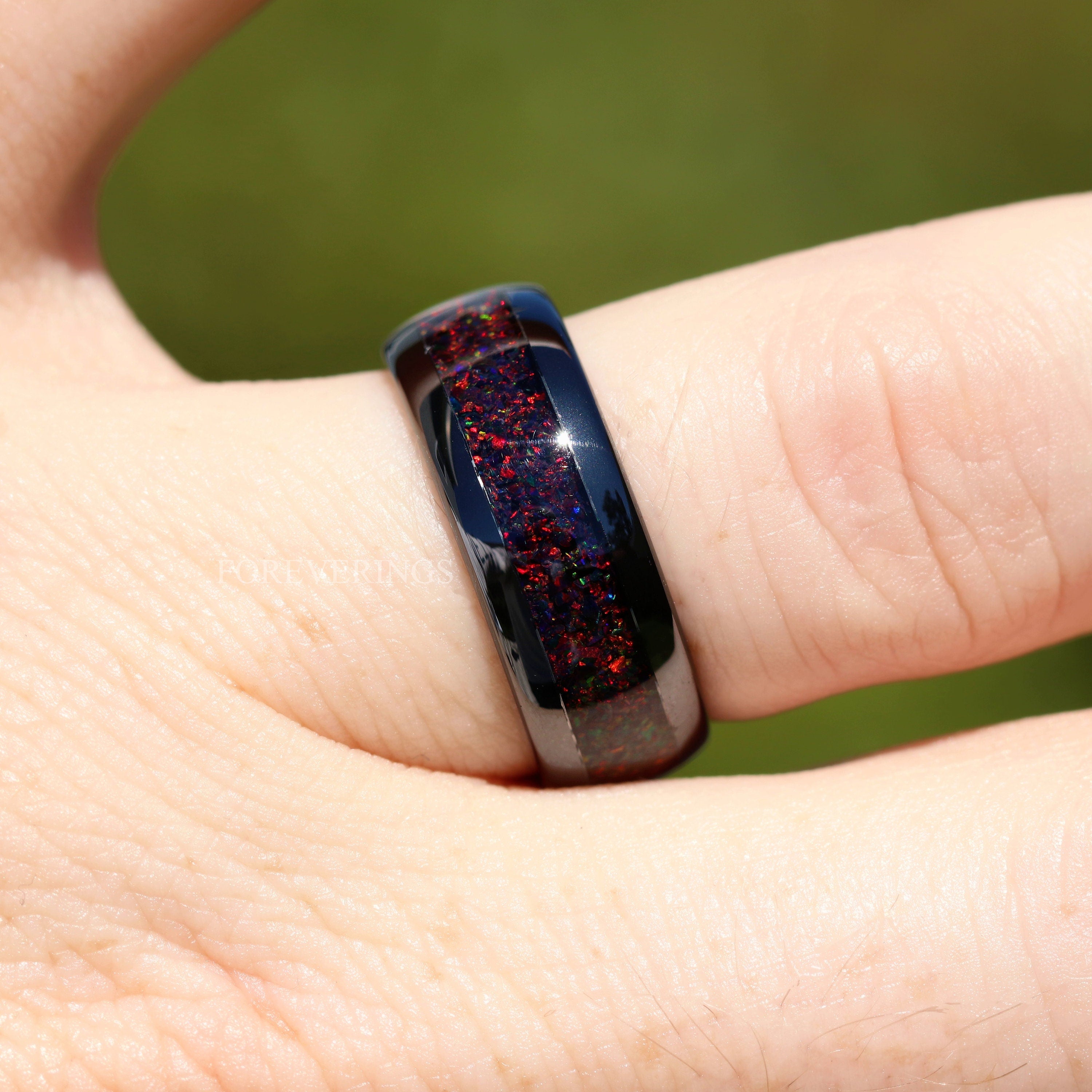 Mens Black Fire Opal Ring, Black Opal Wedding Band, Man Anniversary Gift, Black Ceramic Ring, Polish, Dome, Unique Man Promise Ring, Engrave