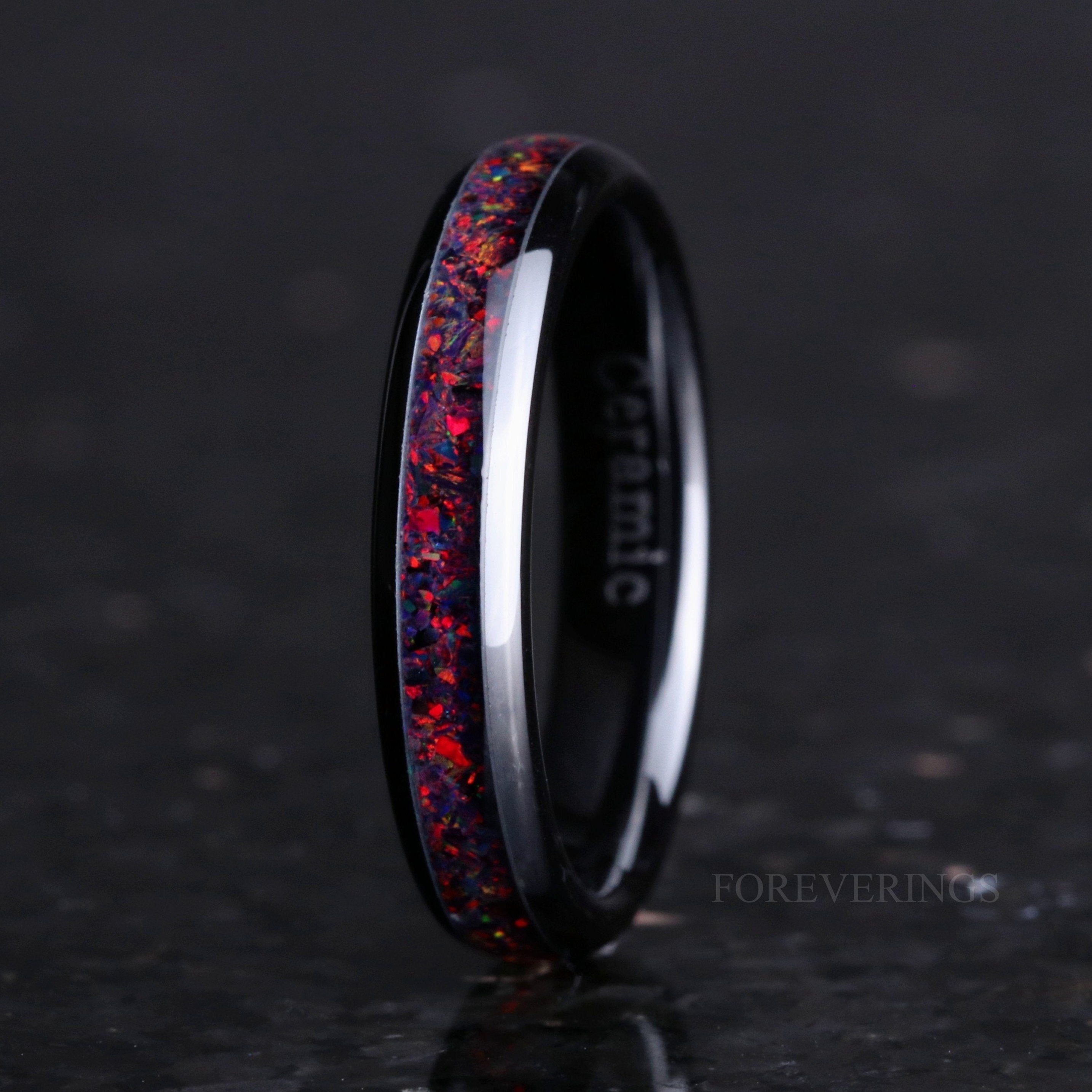 Crushed Black Fire Opal Ring, 4mm Black Ceramic Wedding Band, Women Men Ring, Black Opal Ring, Dome, Polish, Comfort Fit