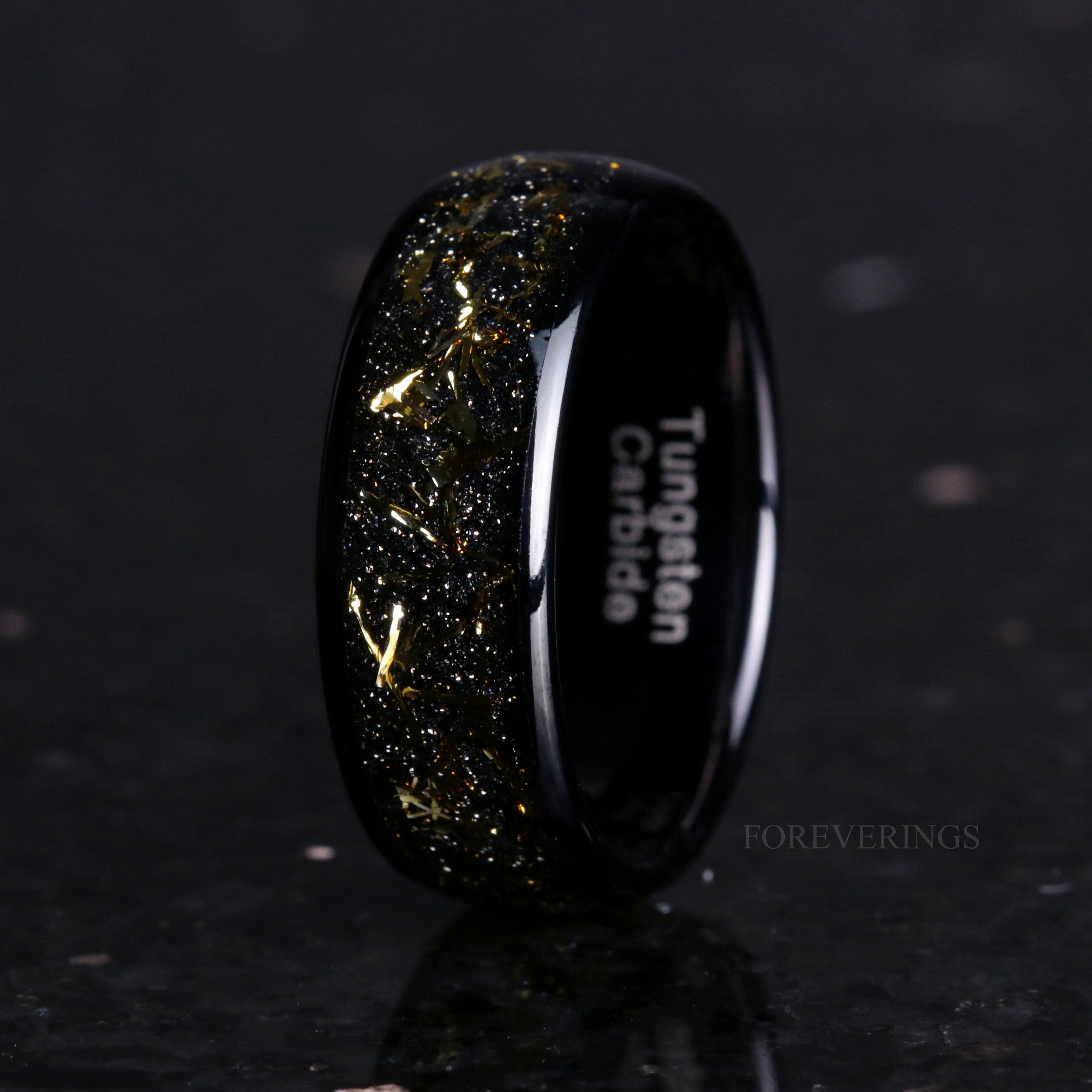 8mm Black Tungsten Ring, Black Dust Ring, Yellow Gold or Rose Gold Flake Ring, Men Wedding Band, Polished, Dome, Comfort Fit, Unique Ring