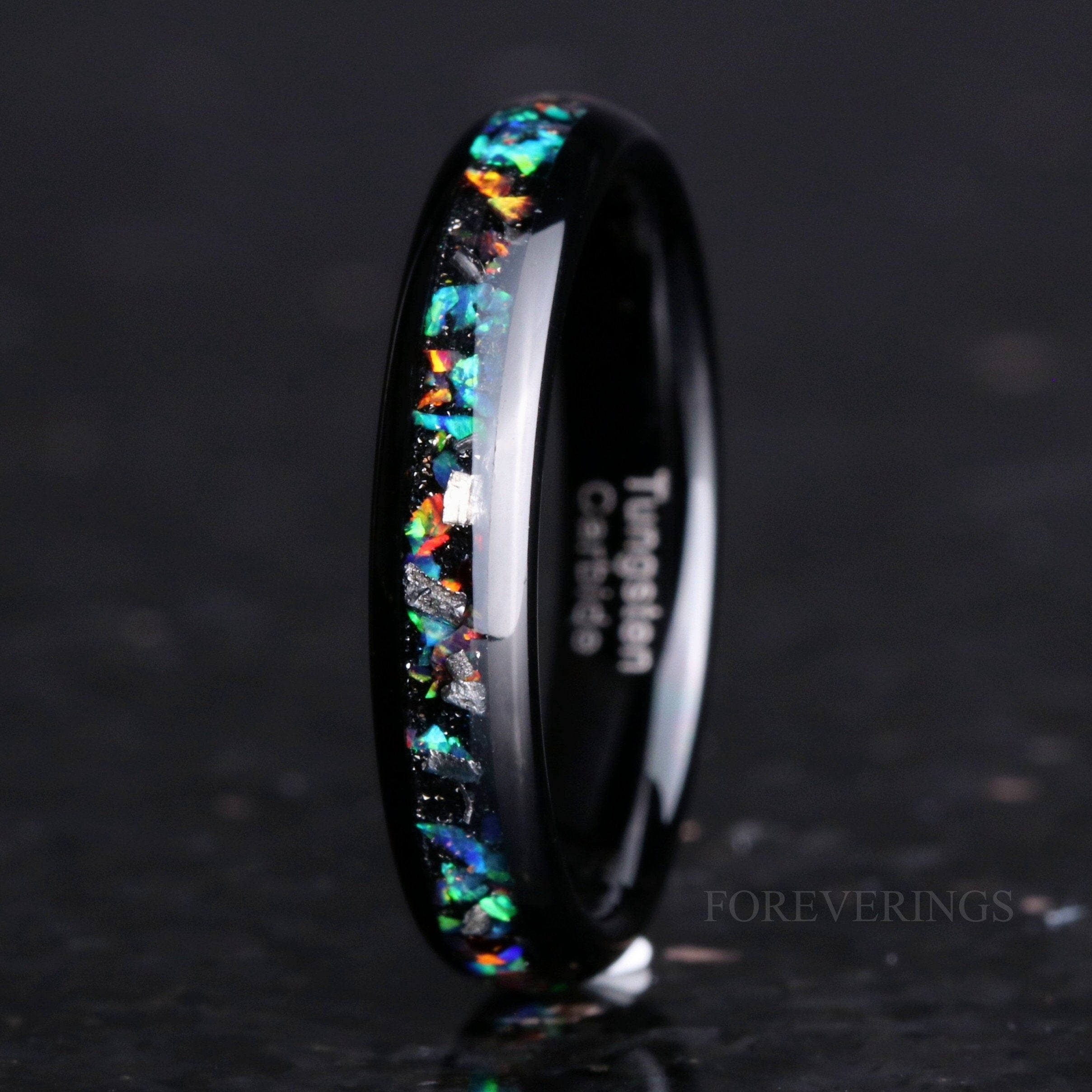 Meteorite Opal Ring, Galaxy Wedding Band, Authentic Meteorite Band, Dome, Polish, Black Tungsten Ring, Women Men, Fire Opal Ring, Engraving