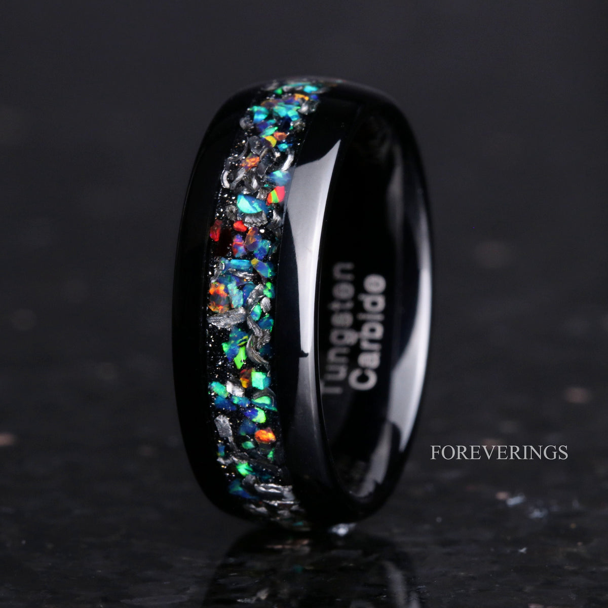 Meteorite and Galaxy Opal Inlay Black Tungsten Band | Men's 6mm 8mm Ring