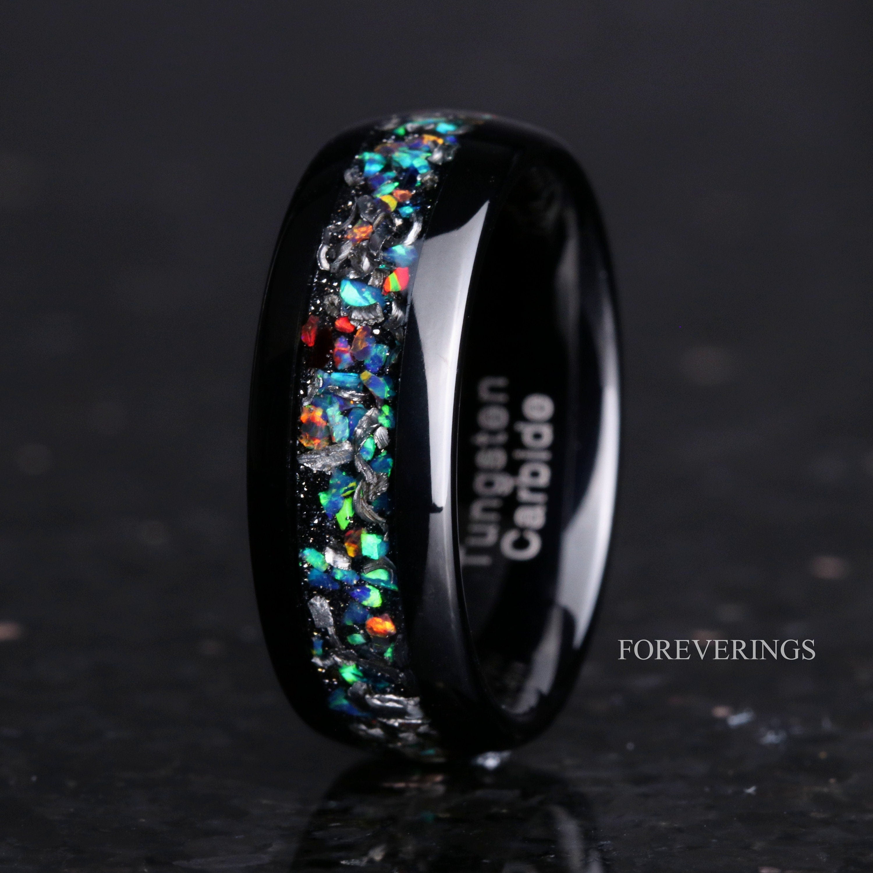 Mens Meteorite Galaxy Opal Ring, Black Tungsten Ring, 8mm 6mm Mens Wedding Band, Unique Meteorite and Opal Ring, Ring Engraving