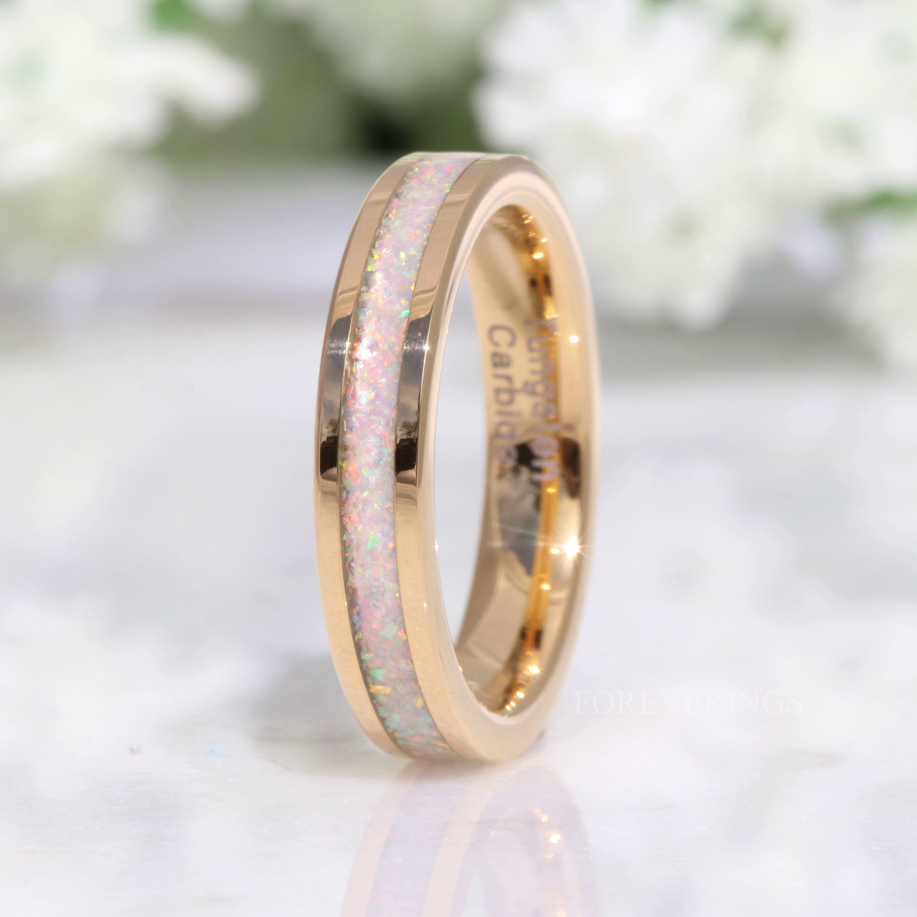 Gold Opal Band, Gold Wedding Ring, White Fire Opal, Gold Tungsten Ring, 4mm Gold Band, Unique Flat Polished Ring, Men Women Wedding Band