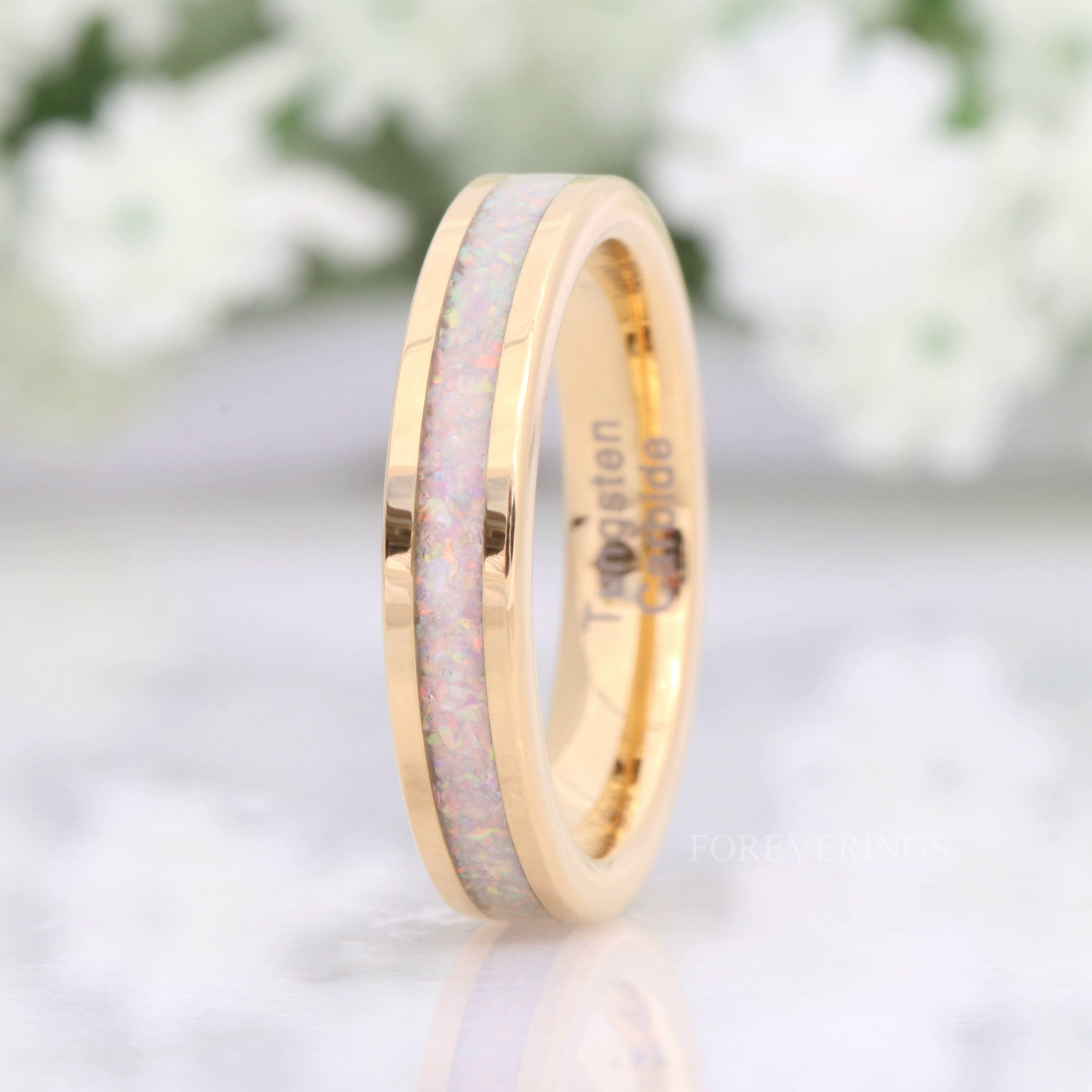 Gold Opal Band, Gold Wedding Ring, White Fire Opal, Gold Tungsten Ring, 4mm Gold Band, Unique Flat Polished Ring, Men Women Wedding Band