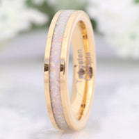 Gold Opal Band, Gold Wedding Ring, White Fire Opal, Gold Tungsten Ring, 4mm Gold Band, Unique Flat Polished Ring, Men Women Wedding Band