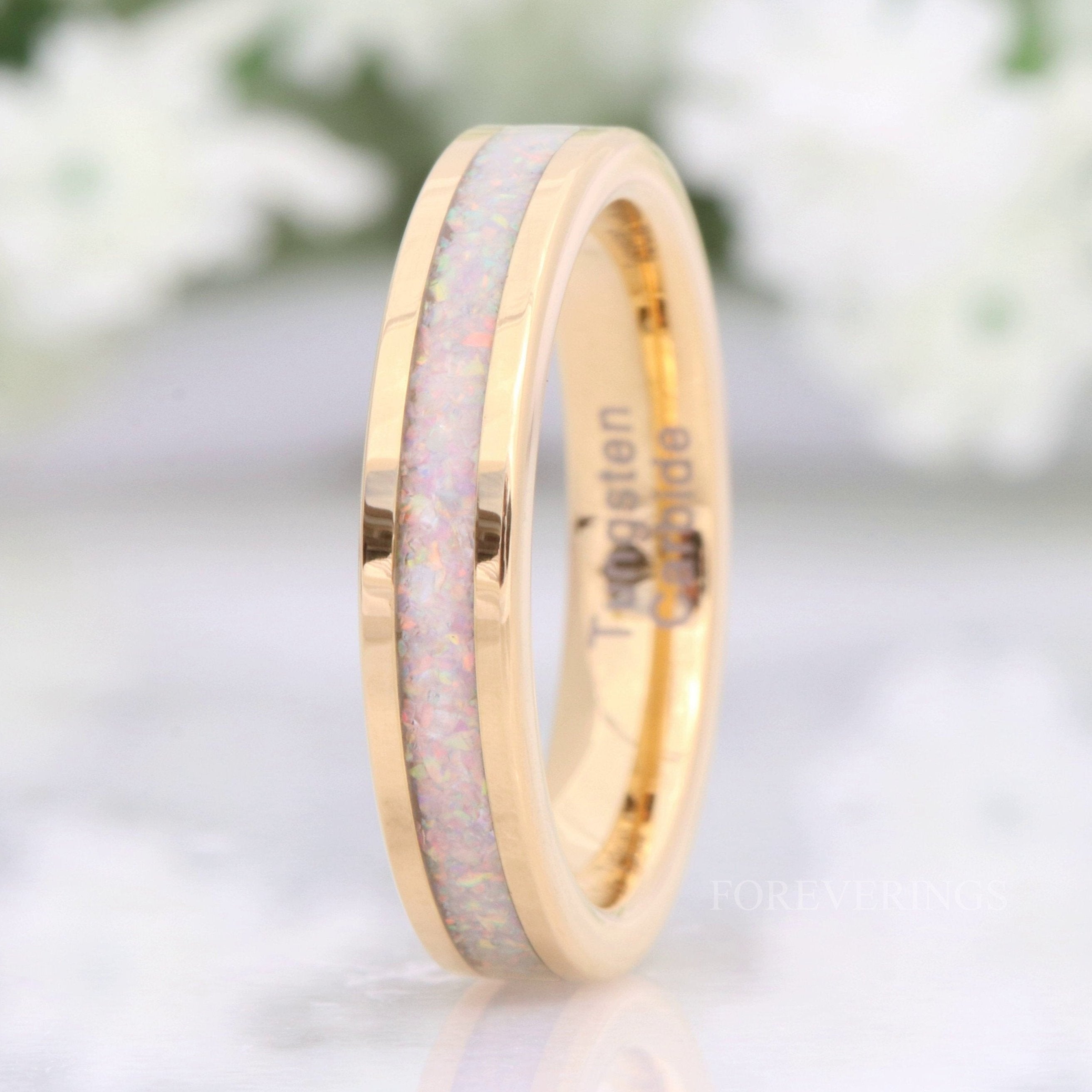 Gold Opal Band, Gold Wedding Ring, White Fire Opal, Gold Tungsten Ring, 4mm Gold Band, Unique Flat Polished Ring, Men Women Wedding Band