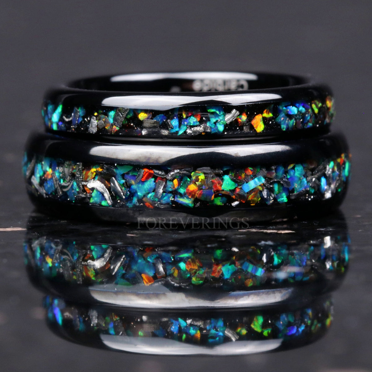 Meteorite and Galaxy Opal Ring Set, His and Hers Tungsten Wedding Bands, 6mm & 4mm Black Ring Set, Couples Ring, Polish, Dome, Comfort Fit
